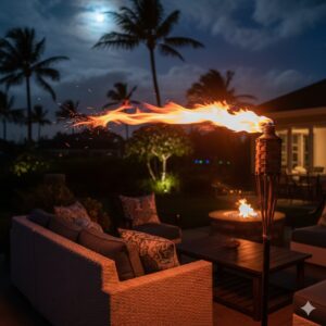 A tiki torch flame blowing dangerously toward patio furniture in a windy North Shore backyard near Wilmette.