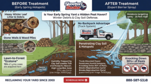 Detailed infographic from Skeeter Beater comparing BEFORE vs. AFTER treatment scenarios for early spring yard pest control. The 'BEFORE' side (left) illustrates how messy winter leaf litter, stone walls, wood piles, and heavy clay soil create hidden 'pest havens' for rodents and ticks, leading to a high-Lyme-disease-risk 'ecotone' (Lake Zurich regional high risk note cited). Captions highlight that 75% of Lyme cases are acquired here. The 'AFTER' side (right) features a branded Skeeter Beater truck-mounted spray system (with a visible technician on the vehicle) applying a powerful, moisture-targeting barrier spray. This 'no-backpack advantage' system uses powerful spray reaching 25 feet into the tree canopy and penetrating deep into clay soil, stone walls, and wood pile crevices. Captions explain how the professional, high-reach spray breaks pest reproduction cycles with a guaranteed 90% knockdown. Icons of mosquitoes, ticks, and fleas are shown visually reduced and knocked down by the spray. A header title asks, 'Is Your Early Spring Yard a Hidden Pest Haven? Winter Debris & Clay Soil Defense.' The Skeeter Beater logo is at the top. The footer includes contact info and tagline 'Reclaiming Your Yard Since 2003'.