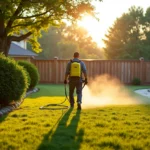 A professional Skeeter Beater technician uses a backpack sprayer to apply a mosquito barrier treatment to the dense shrubs and foundation plantings of a sunny suburban backyard. The targeted application focuses on mosquito harborage areas along the landscaping edge, leaving the open lawn untreated and safe for family use.
