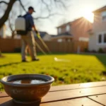 A close-up of a small container holding standing water on a wooden deck, illustrating how mosquitoes can breed in tiny amounts of water. In the blurred background, a pest control technician with a backpack sprayer is treating a sunny residential lawn to prevent spring pest infestations.