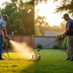 A side-by-side comparison of mosquito control methods in a Barrington, IL, backyard at dusk. On the left, a homeowner uses a basic garden hose attachment, visualizing a typical DIY hose-end barrier spray application. On the right, a professional technician with advanced backpack equipment applies a targeted barrier treatment to reach harborage zones a retail sprayer can't.